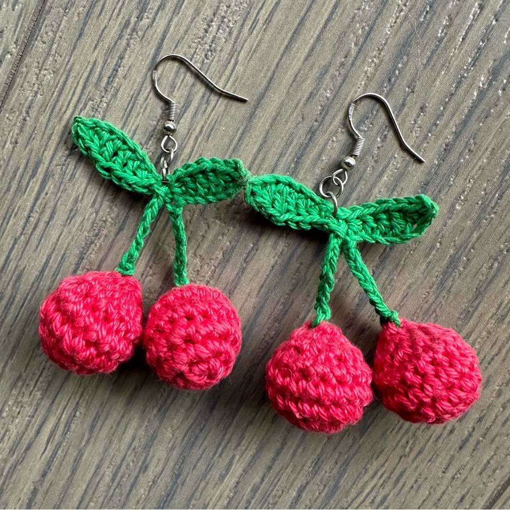 Handmade Crochet Cherry Earrings 🍒🍒
